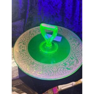 Vintage Etched Glass with Gold Uranium Serving Dish
